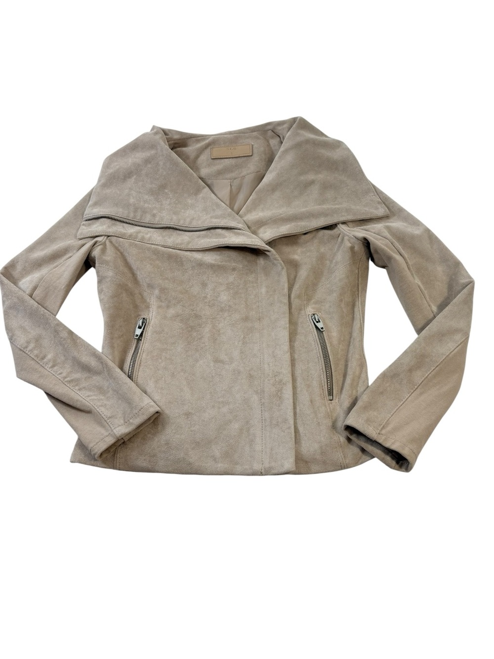 SL8 Beige Faux Suede Moto Jacket Size Small Asymmetrical Zip Draped Collar - Picture 7 of 14